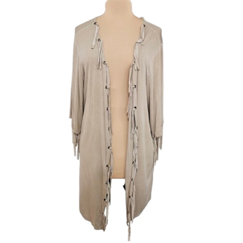 POL Longline Cardigan Fringeโ Duster Small Beige Open Neutral Boho Western
